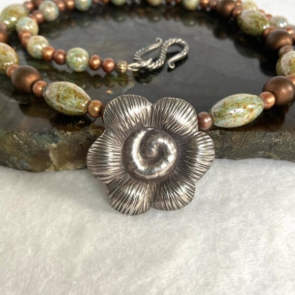 Sterling Silver 925 Floral Flower Bronze Green Glass Beaded Necklace 19.5" - Picture 14 of 16